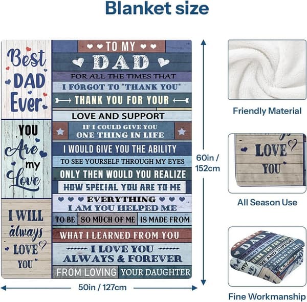 Dad's Birthday Cozy Blue Flannel Blanket from Daughter 50x60 Inch