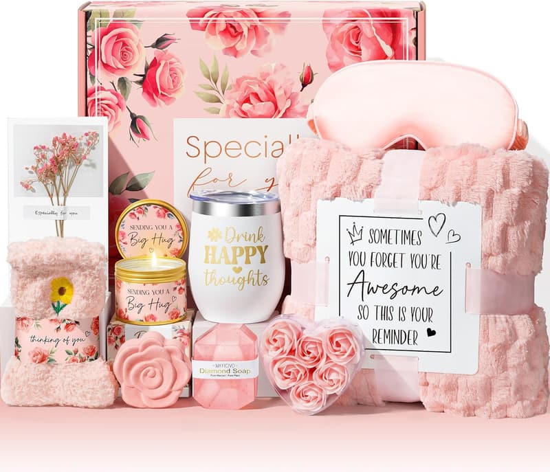 Rose Spa Gift Basket Set - Relaxation Self-Care Gifts for Women