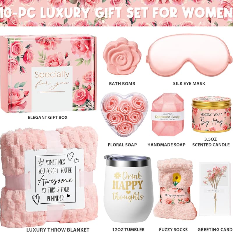 Rose Spa Gift Basket Set - Relaxation Self-Care Gifts for Women