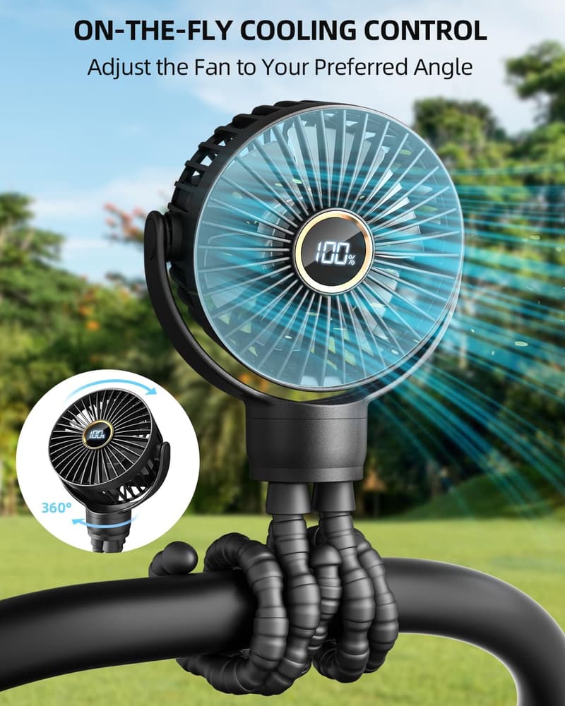 Rechargeable Mini Stroller Fan with 360° Rotation, Black