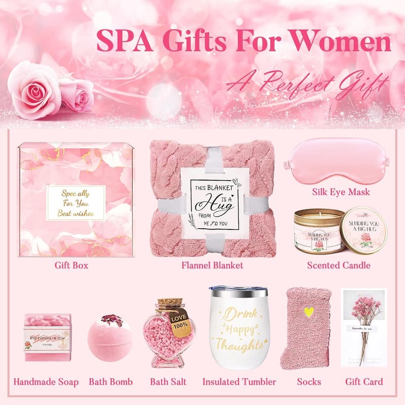 Birthday Spa Gift Basket for Women with Luxury Flannel Blanket