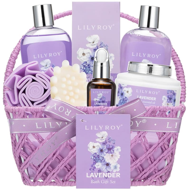 Lavender Bath & Body Gift Set for Mom - 8 Piece Spa Basket