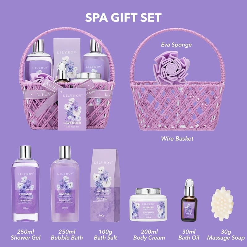 Lavender Bath & Body Gift Set for Mom - 8 Piece Spa Basket