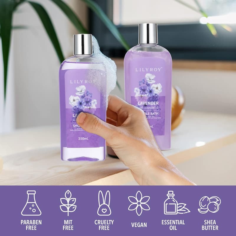 Lavender Bath & Body Gift Set for Mom - 8 Piece Spa Basket