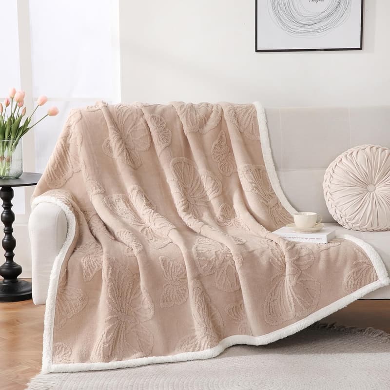 Cozy Beige Sherpa Throw Blanket for Women, 80x90 Inches