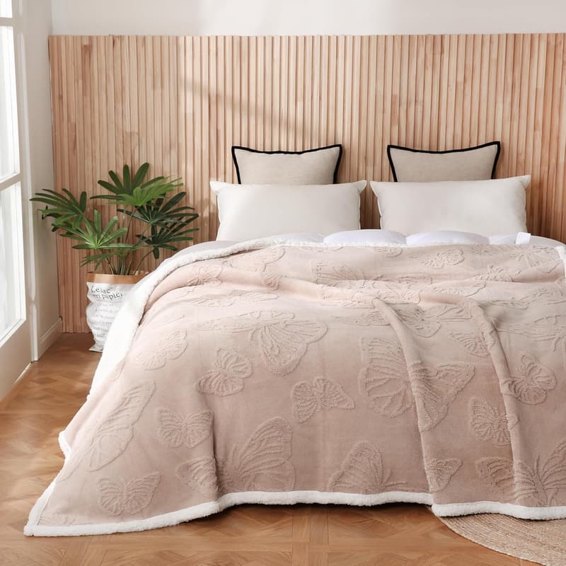 Cozy Beige Sherpa Throw Blanket for Women, 80x90 Inches
