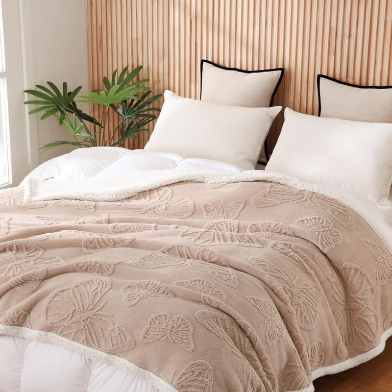 Cozy Beige Sherpa Throw Blanket for Women, 80x90 Inches