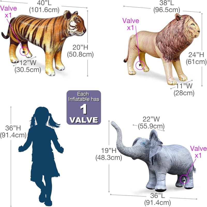 Wildlife Safari Inflatable Set – Lion, Tiger, Elephant 3-PK