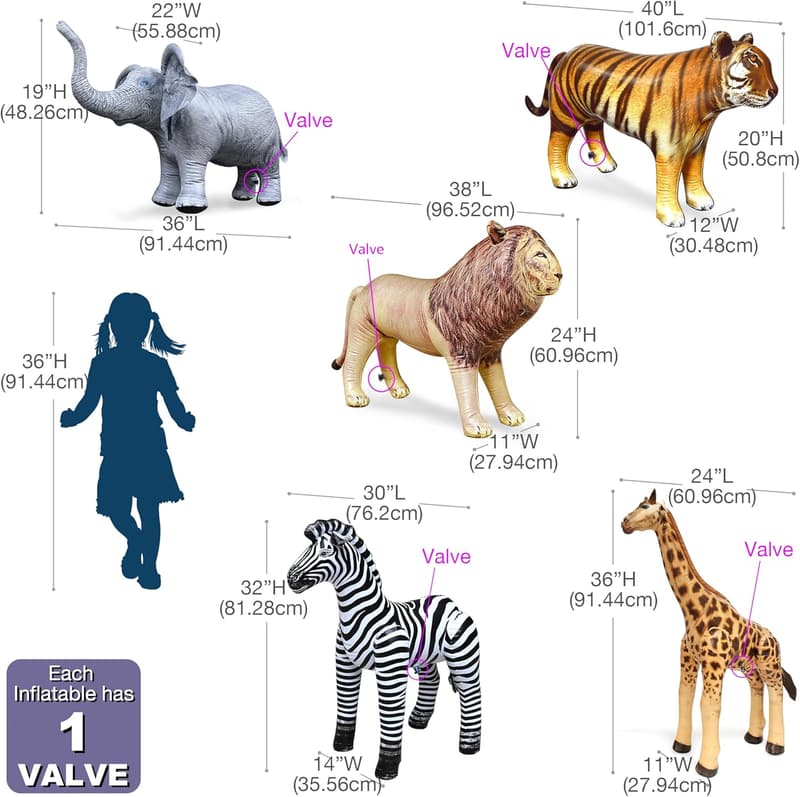 Wildlife Safari Inflatable Animals Set - 5-PK for Parties