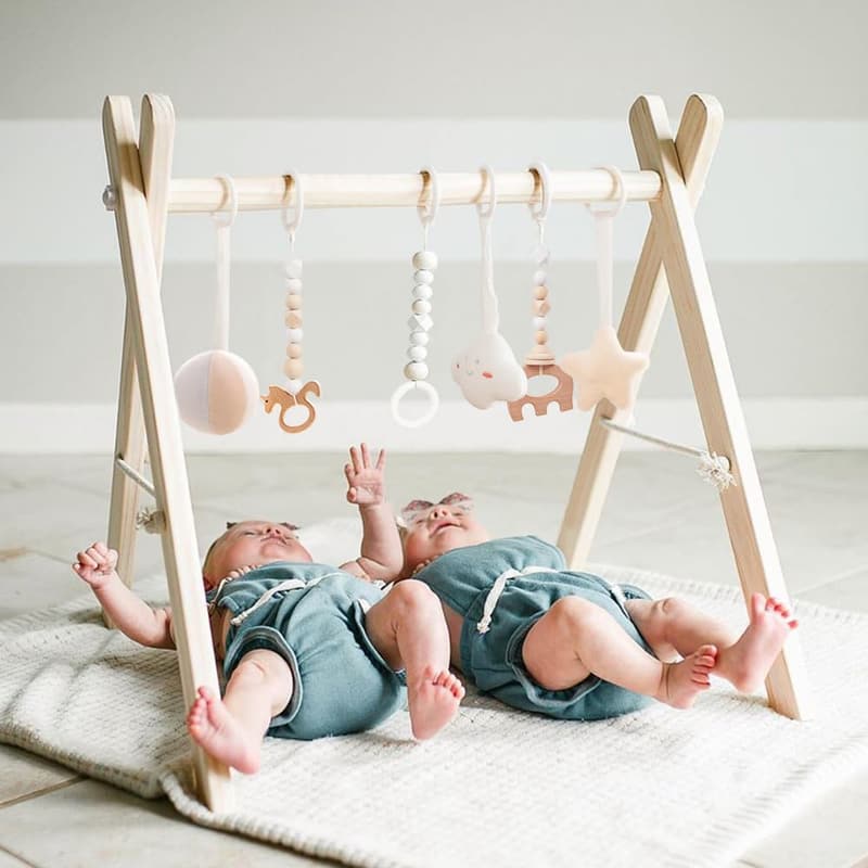 Foldable Wooden Baby Gym with 6 Natural Pine Toys