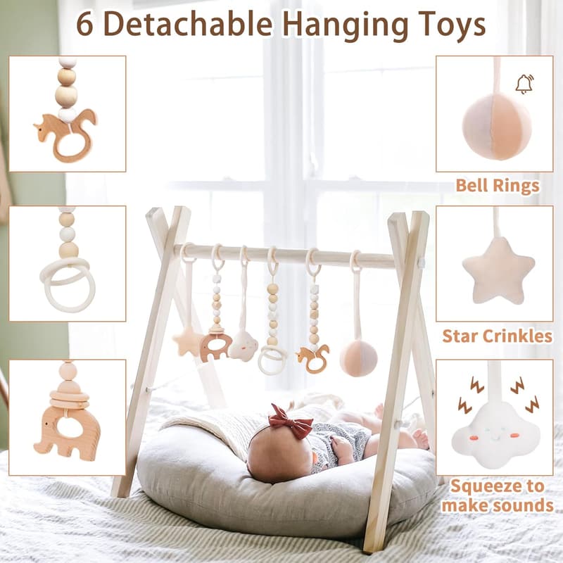 Foldable Wooden Baby Gym with 6 Natural Pine Toys