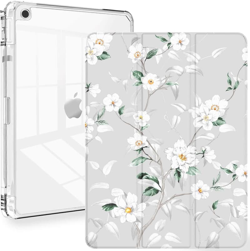 Trifold Clear iPad Case with Pencil Holder, White Flower