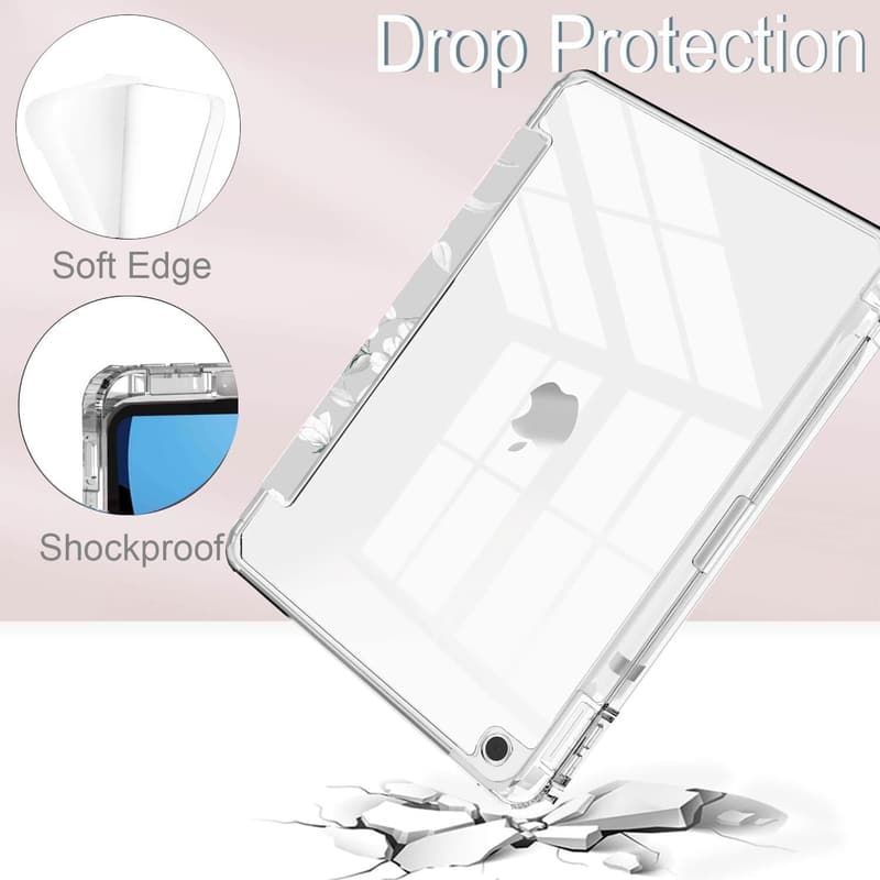 Trifold Clear iPad Case with Pencil Holder, White Flower