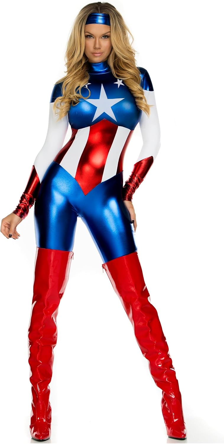 Star Spangled Hero Catsuit for Women with Stripe Waist & Headband