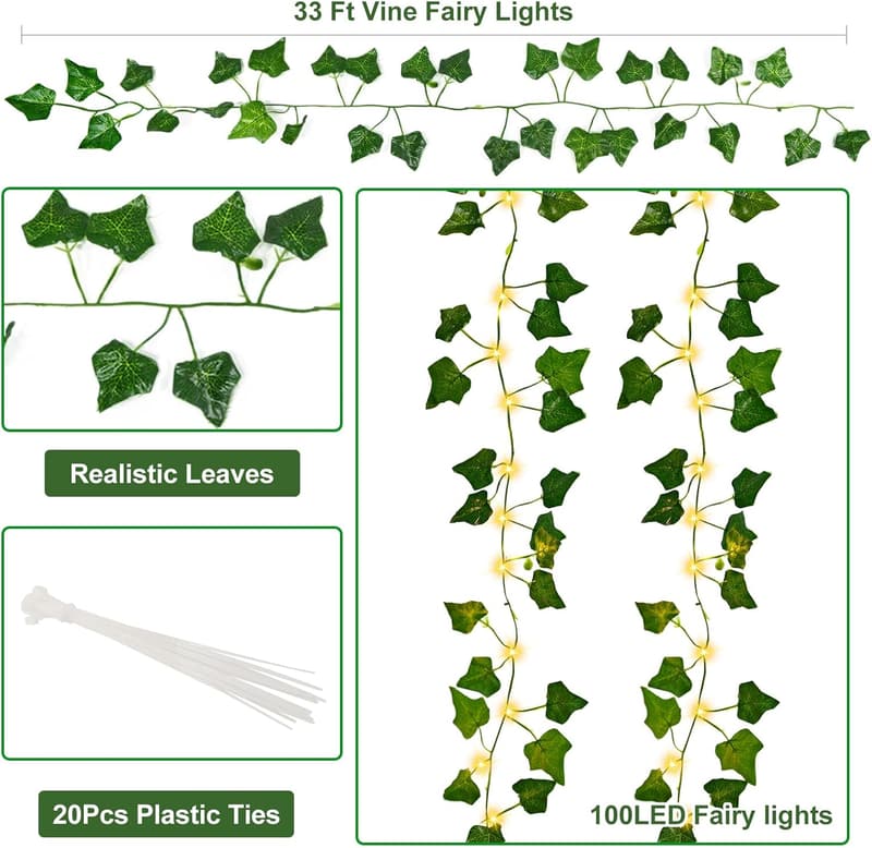 Battery Operated Ivy Fairy Lights with Remote - 33ft, 100 LED