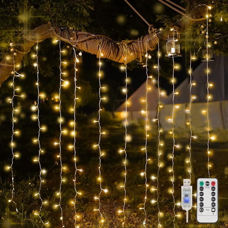 Warm White 200 LED Curtain Fairy Lights for Indoor/Outdoor Decor