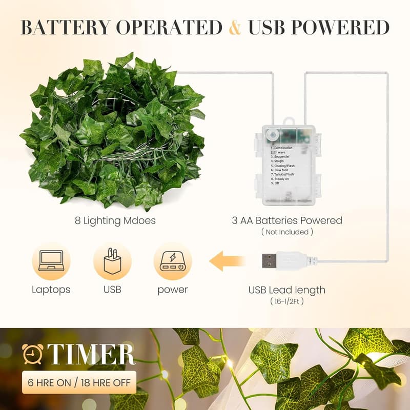 100 LED Ivy Fairy Lights with Remote - 33ft Battery/USB Operated