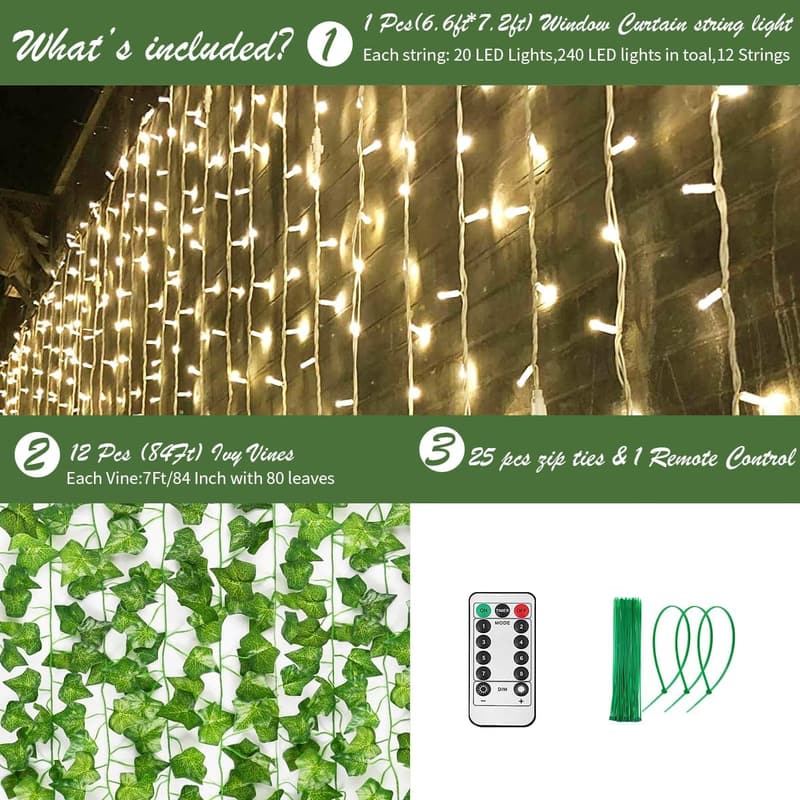 Artificial Ivy Leaf Garland with 240 LED Curtain String Lights