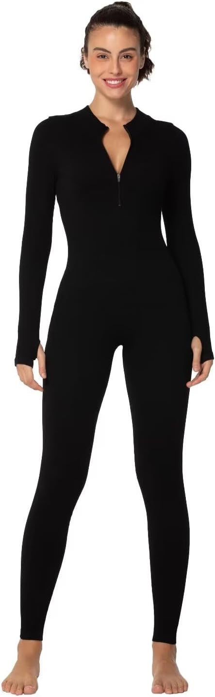 Women's Ribbed Long Sleeve Zip Jumpsuit for Casual Yoga