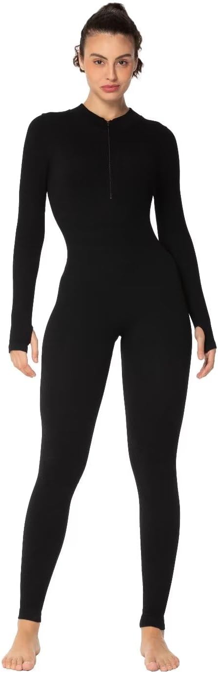 Women's Ribbed Long Sleeve Zip Jumpsuit for Casual Yoga