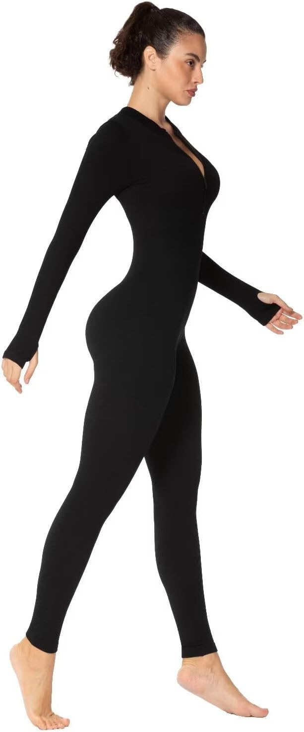 Women's Ribbed Long Sleeve Zip Jumpsuit for Casual Yoga
