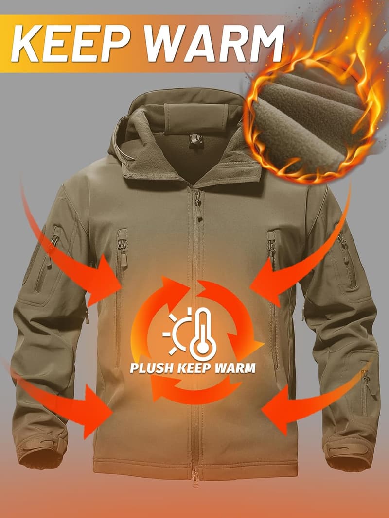 Men's Tactical Rain Jacket - Warm Fleece Softshell Hoodie