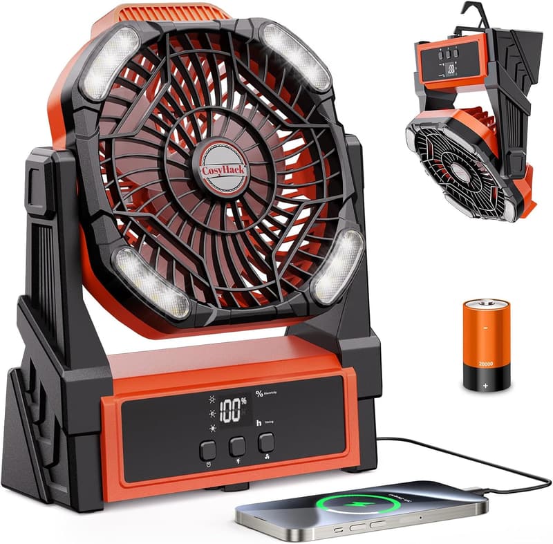 Rechargeable Camping Fan with Lights, 20000mAh, 4 Speed