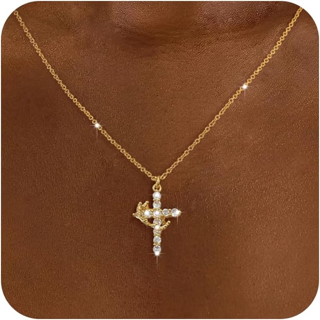 Dainty 14k Gold Cross Necklace with Cubic Zirconia for Women