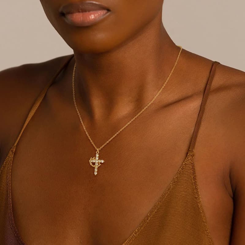 Dainty 14k Gold Cross Necklace with Cubic Zirconia for Women