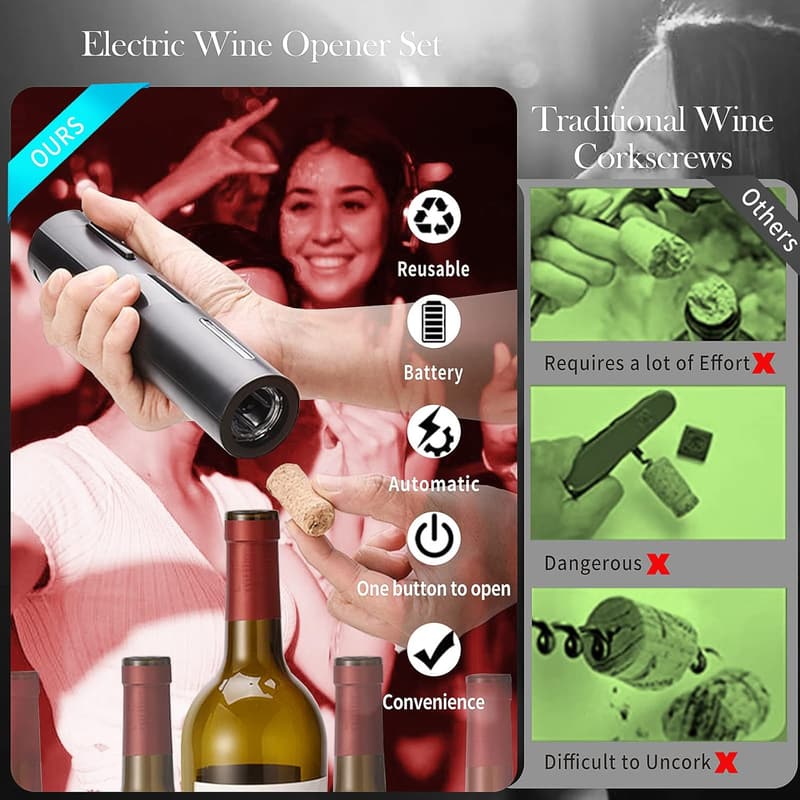 4-in-1 Electric Wine Opener Set with Corkscrew & Accessories