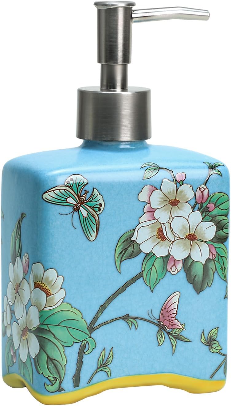 Ceramic Flower Pattern Soap Dispenser - 13 oz, Blue