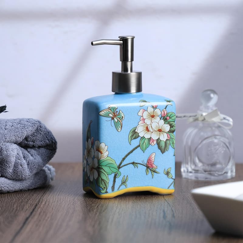 Ceramic Flower Pattern Soap Dispenser - 13 oz, Blue