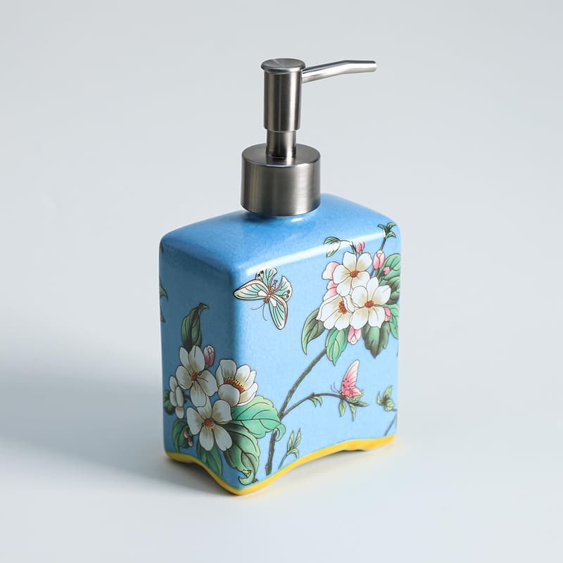 Ceramic Flower Pattern Soap Dispenser - 13 oz, Blue