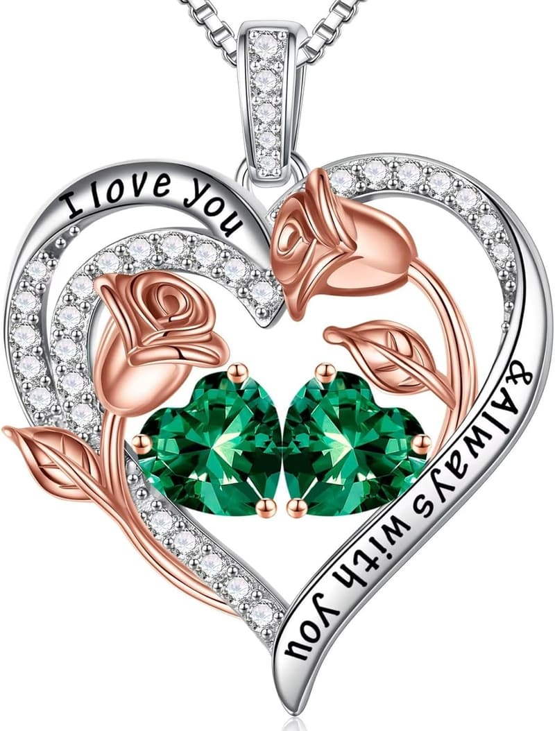 925 Sterling Silver Rose Heart Birthstone Necklace for Women