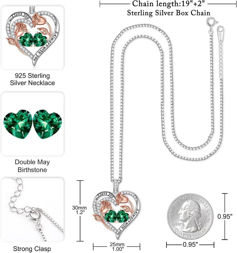 925 Sterling Silver Rose Heart Birthstone Necklace for Women