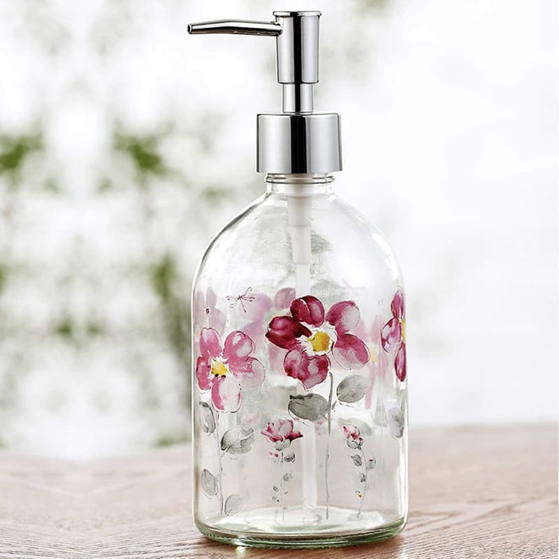 Flower Glass Soap Dispenser Bottle with Plastic Pump, 17oz