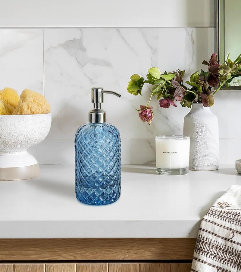 Gem Patterned Glass Soap Dispenser with Stainless Steel Pump
