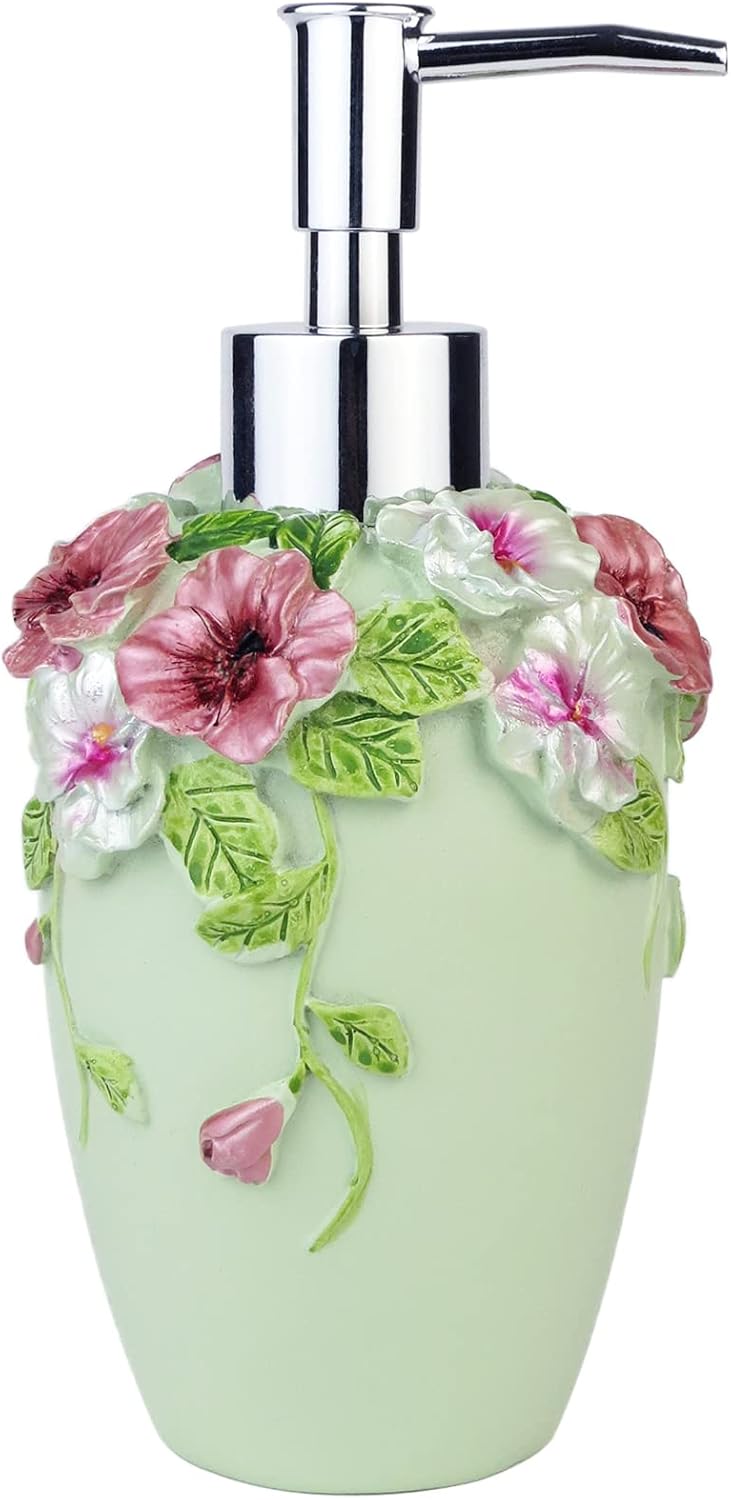Hand-Painted Floral Soap Dispenser - 10 oz Resin for Bathroom