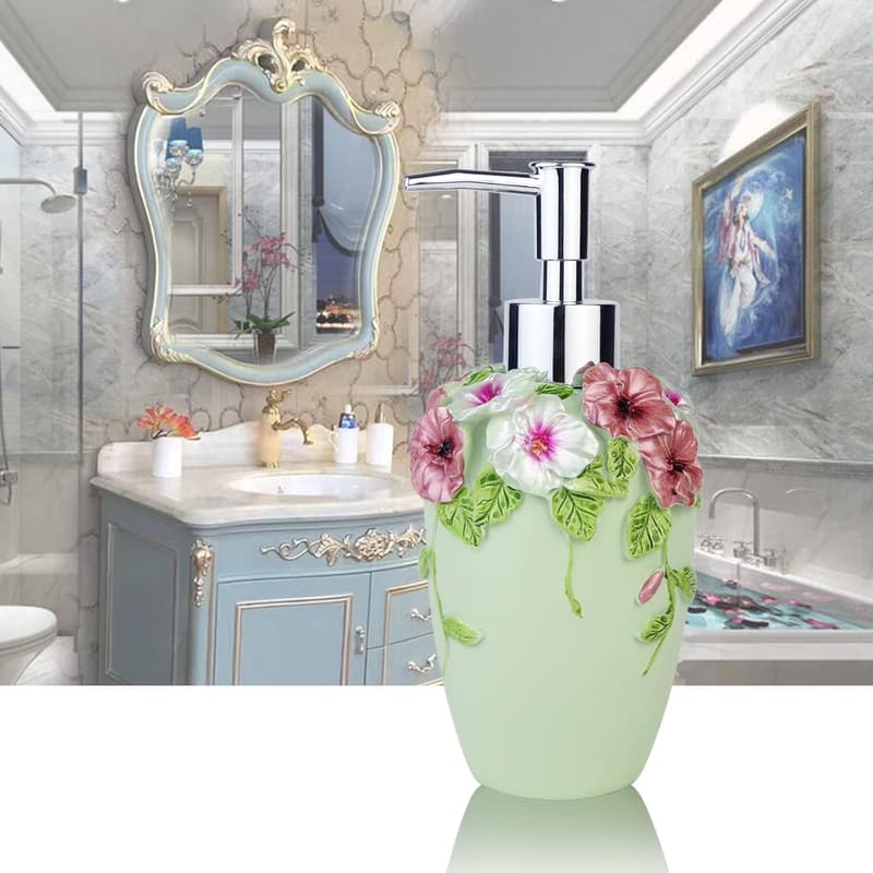 Hand-Painted Floral Soap Dispenser - 10 oz Resin for Bathroom