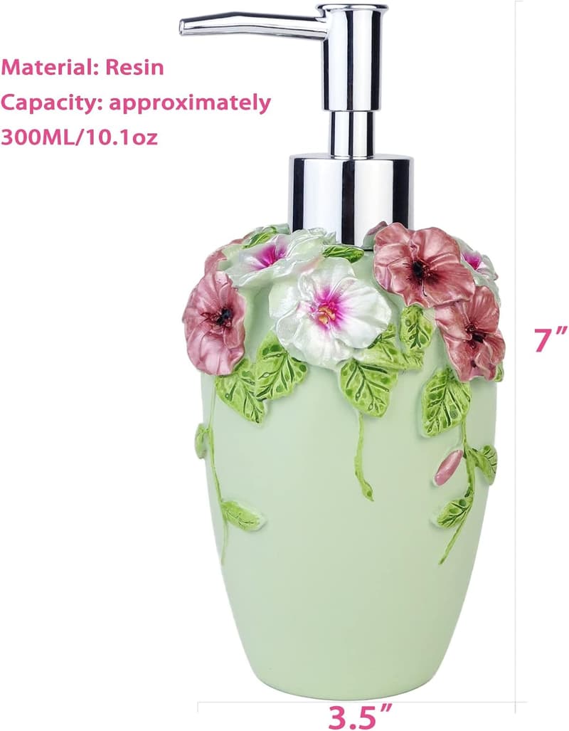 Hand-Painted Floral Soap Dispenser - 10 oz Resin for Bathroom