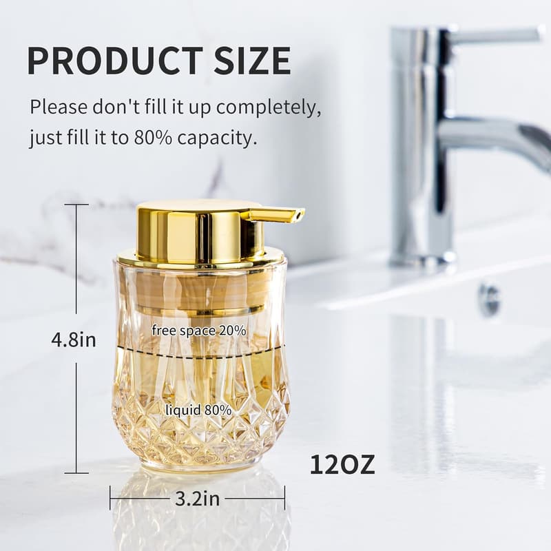 Gold Glass Soap Dispenser for Bathroom & Kitchen, Refillable