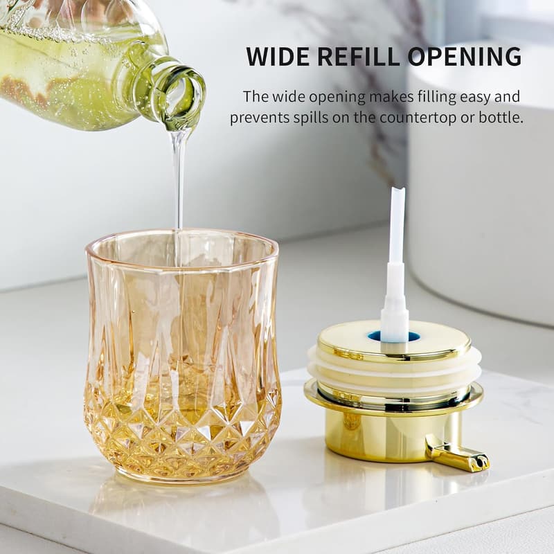 Gold Glass Soap Dispenser for Bathroom & Kitchen, Refillable