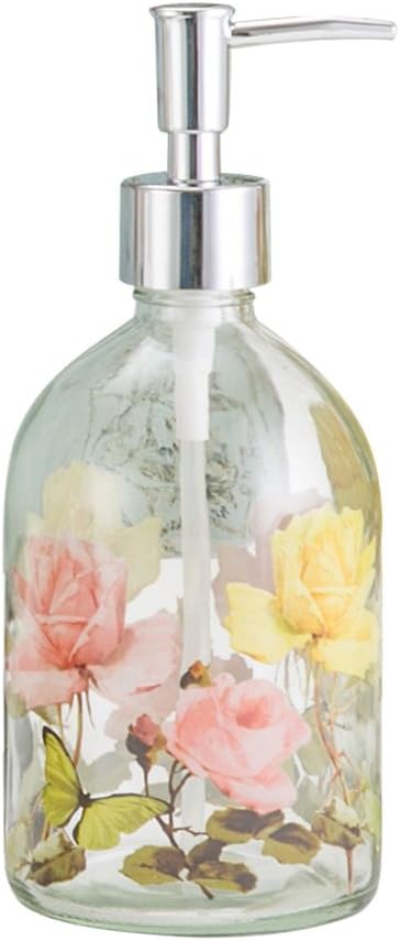 Floral Butterfly Glass Soap Pump Dispenser, 17 Ounce