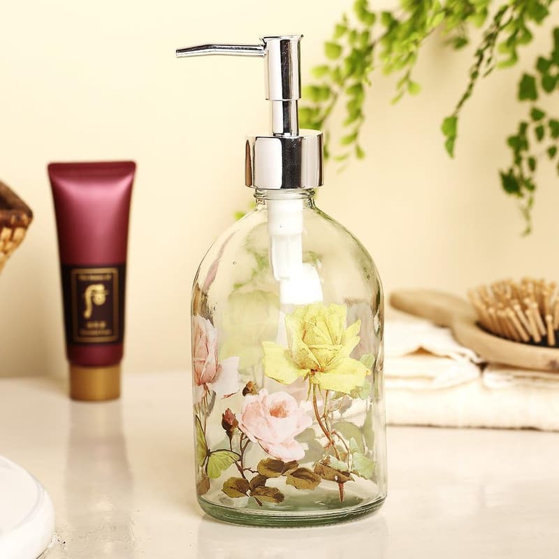 Floral Butterfly Glass Soap Pump Dispenser, 17 Ounce