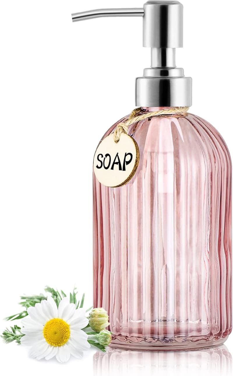 Clear Pink 16oz Glass Soap Dispenser with Stainless Steel Pump