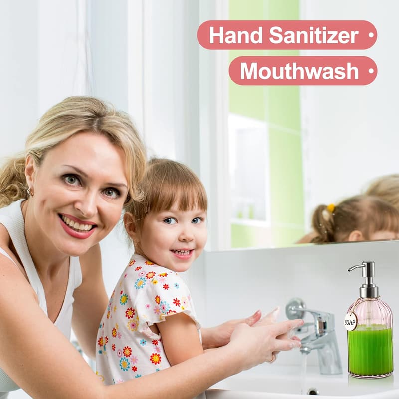 Clear Pink 16oz Glass Soap Dispenser with Stainless Steel Pump