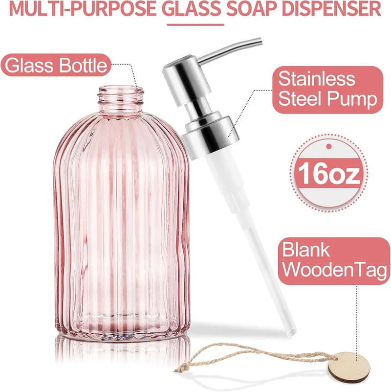 Clear Pink 16oz Glass Soap Dispenser with Stainless Steel Pump