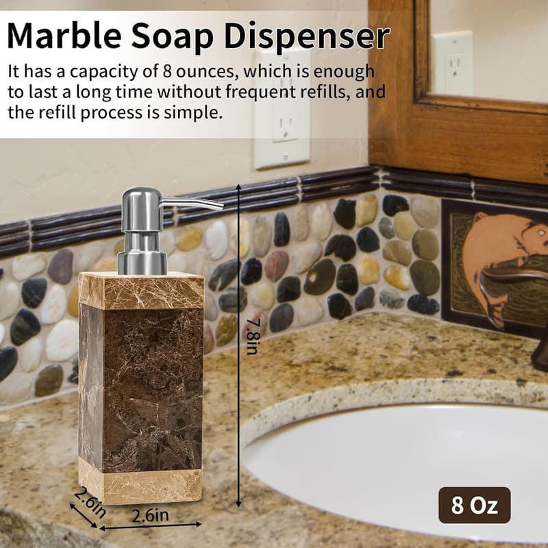 Marble Soap Dispenser with Stainless Steel Pump for Kitchen & Bath