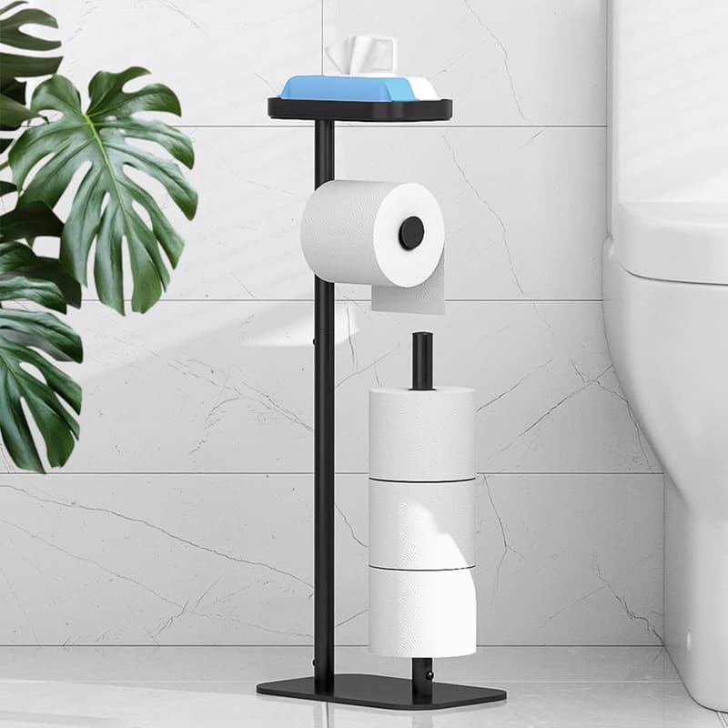 Free Standing Toilet Paper Holder with Shelf - Rustproof Metal, Black