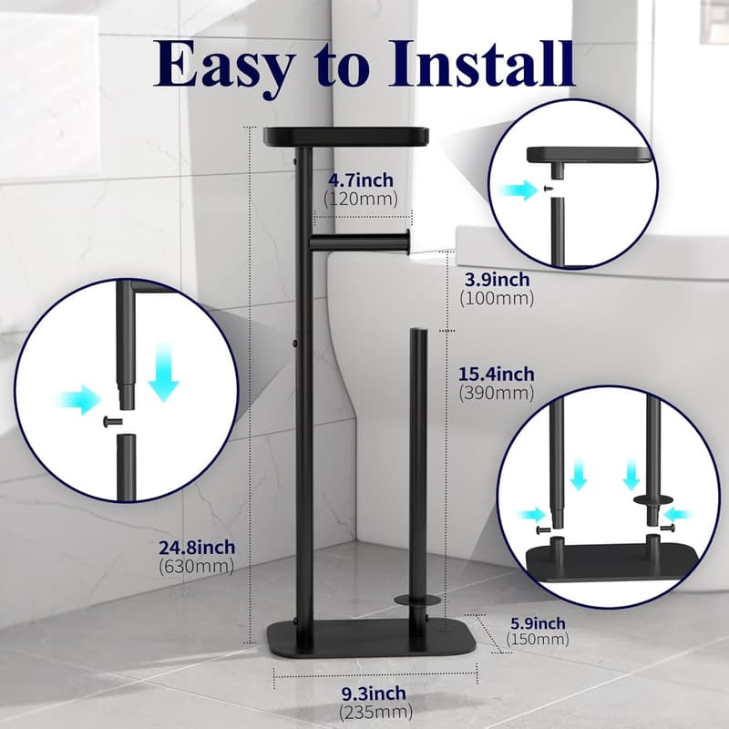 Free Standing Toilet Paper Holder with Shelf - Rustproof Metal, Black